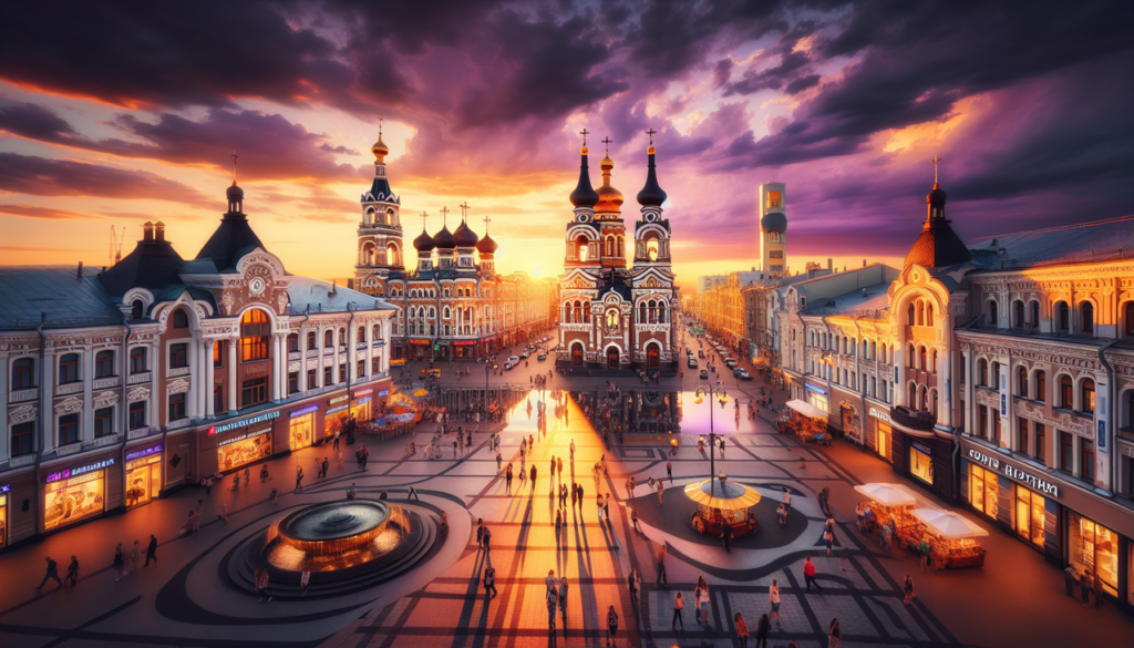 Ville russe en B, place centrale animée au coucher du soleil.