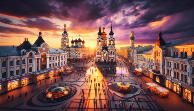 Ville russe en B, place centrale animée au coucher du soleil.
