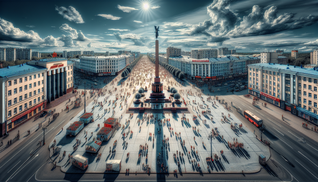 Vue animée de la Place de la Révolution à Chelyabinsk, Russie avec monument central et foule dynamique.