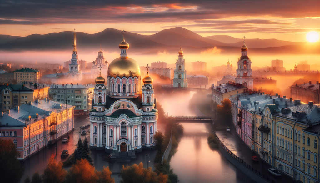 Ville russe en E, lever du soleil sur l'église orthodoxe d'Ekaterinburg.