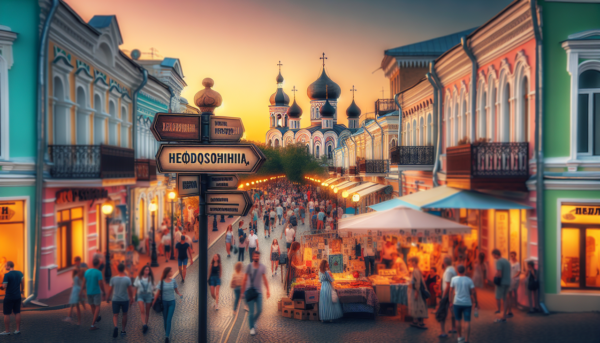 Ville russe : rue animée à Feodosiya avec lumière dorée du coucher du soleil reflétant sur les bâtiments historiques et les rues pavées.