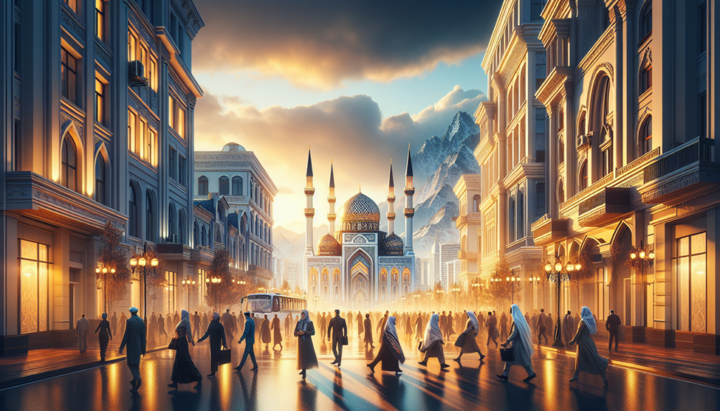 Ville russe en G, Grozny, coucher de soleil sur la mosquée Akhmad Kadyrov et la rue animée.