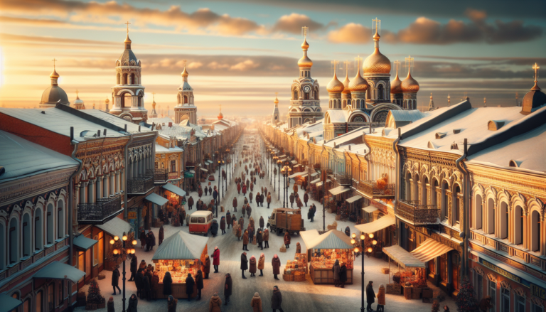 Bâtiments ornamentés et marchands dans les rues de Habarovsk, Russie, sous un ciel bleu.