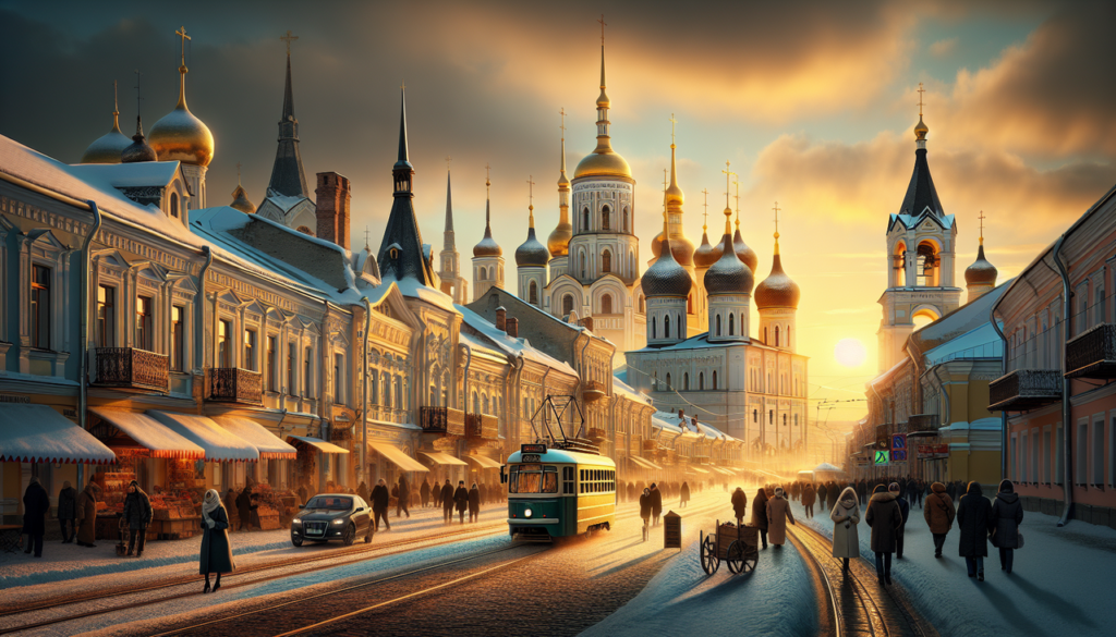 Ville russe en J à l'heure dorée.