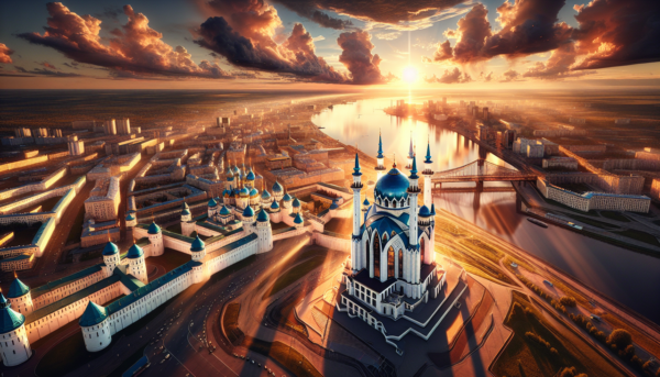 Vue aérienne de Kazan Kremlin au coucher du soleil, avec la rivière Volga et la ville en arrière-plan.