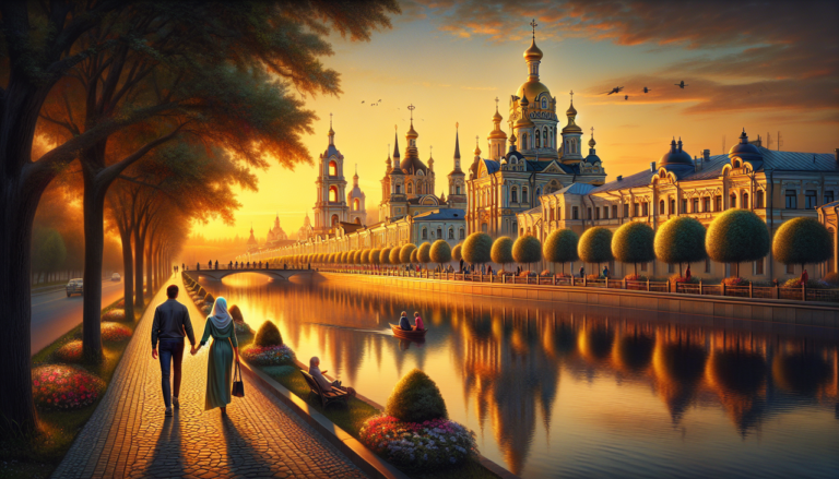 Illustration d'une belle ville russe débutant par la lettre L, au coucher du soleil.