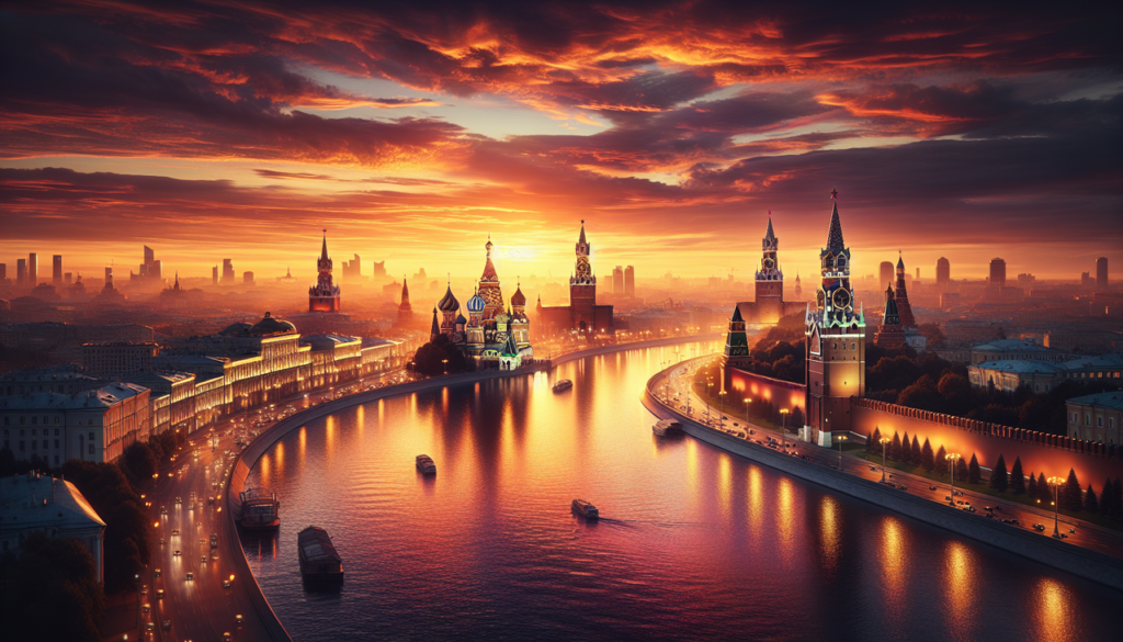 Vue panoramique de Moscou au coucher du soleil avec la rivière Moskva et la silhouette de la cathédrale Saint-Basile.