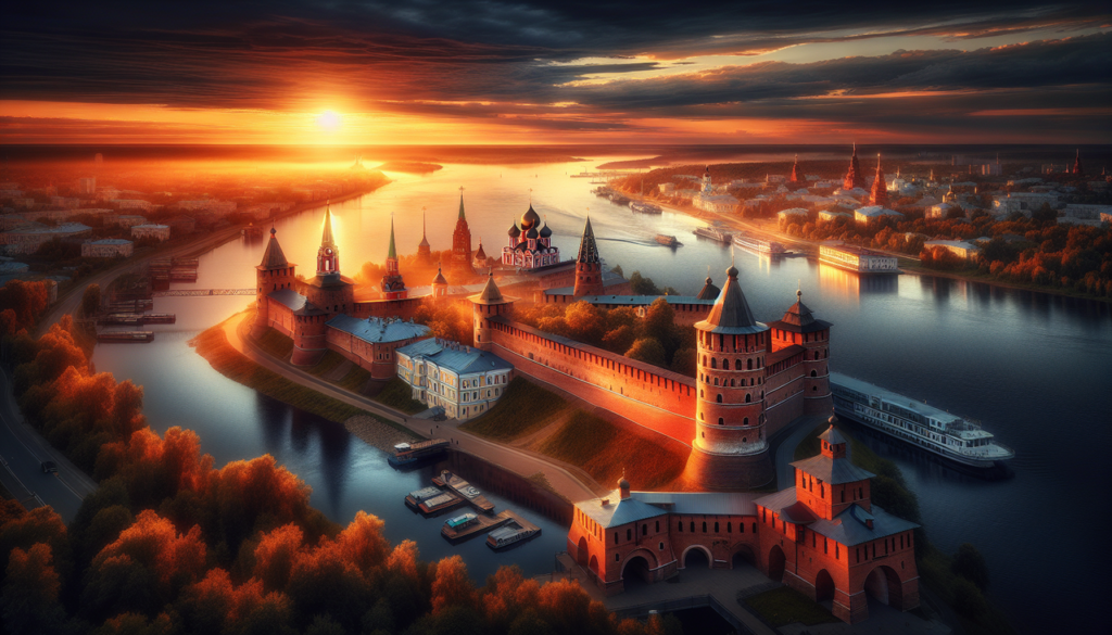 Panorama ville russe Nizhny Novgorod au coucher du soleil, Kremlin et Volga.