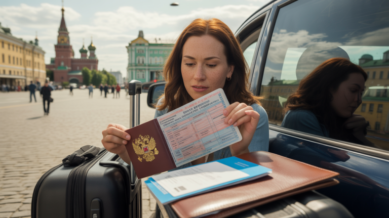 Voyageur préparant son visa pour la Russie devant un décor réaliste de ville russe avec passeport et bagages, lumière naturelle et détails authentiques.